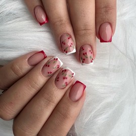 24Pcs French Tip Press on Nails Medium Square Fake Nails Cute Cherry False Nails Red White Nail Tip Acrylic Nails Fruit Glue on Nails Full Cover Stick on Nails Spring Summer Artificial Nails for Women