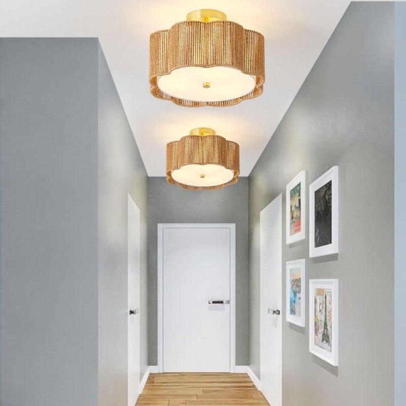 Giutna Rattan Ceiling Light Fixtures Flush Mount,3-Light Boho Light Fixtures