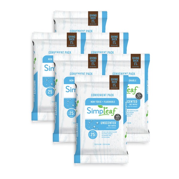Simpleaf Flushable Wet Wipes Unscented - Eco-Friendly, Paraben & Alcohol Free - Septic Safe, Hypoallergenic For Sensitive Skin - Unscented Soothing Aloe Vera & Vitamin E Formula (6 x 25 Count) Pack