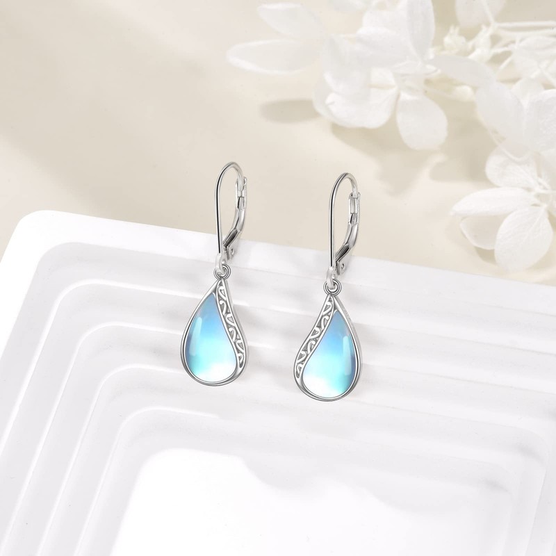 POPLYKE Tear Larimar Moonstone Leverback Earrings for Women Sterling Silver