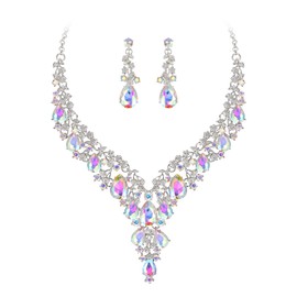 Clearine Wedding Bridal Jewellery Set Teardrop Rhinestone Cluster Statement Necklace Dangle Earrings Set Costume Jewellery for Women Iridescent AB Silver-Tone