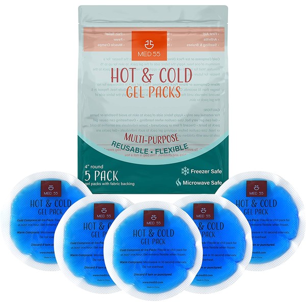 Hot & Cold Gel Ice Packs - (5 Pack) 4" Round Ice Pack for Injuries Reusable Gel Flexible Cold Packs & Fabric Backing for Pain Relief, First Aid, Kids Ice Packs, Tired Eyes, Wisdom teeth, Breastfeeding
