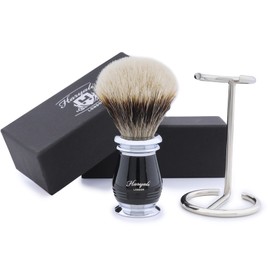 Haryali London Shaving Brush - 2-Piece Shaving Set with Shaving Brush - Shaving Brush Badger Hair Silver Tip - Stainless Steel Shaving Stand Perfect for Shaving - Elegant Black Colour Handle Made of High-Grade Resin