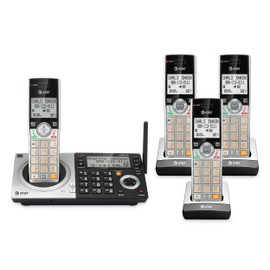 AT&T CL83407 DECT 6.0 4-Handset Cordless Phone for Home with Dual Keypad Base, Answering Machine, Call Blocking, Caller ID Announcer, Intercom and Long Range, Silver/Black