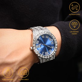 Halukakah Men's Diamond Gold Watch ● President ● 18K Real Gold Plated/Platinum White Gold-Plated 42 mm Wide Green/Blue/Red Bracelet with Lab Diamonds 24 cm, Cuban Link Chain 20 + 45 cm, Includes Gift