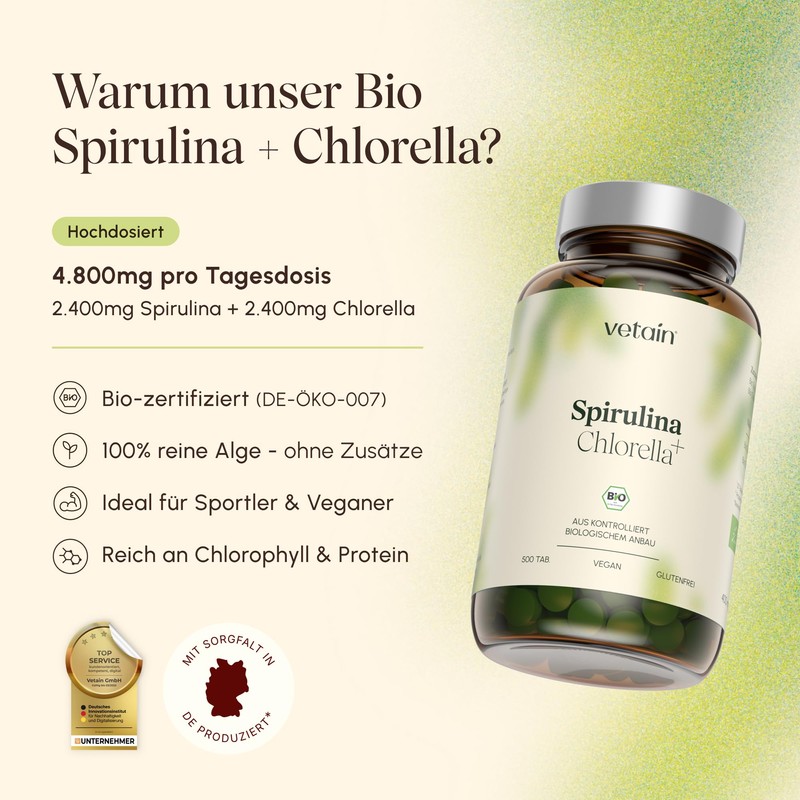 VETAIN Organic Spirulina & Chlorella Pellets - 500 Tablets -