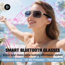 Bluetooth Smart Sunglasses for Men Women Shades with Open Ear Audio UV400 Protection Wireless Sun Glasses with Built-in Speakers Waterproof Sports Eye Glasses for Cycling Driving Fishing Travel Music