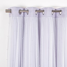 Best Home Fashion Pearl Beaded Lace Overlay Blackout Curtain Set, Double Layer Silver Grommet Thermal Insulated Window Panels for Bedroom, Living Room, Dining Room- 52" W x 84" L, Lilac