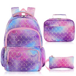 16.5 Inch Mermaid Backpack for Girls Elementary Primary Middle Mermaid Bookbag Girls School Backpack with Lunch Box Pencil Bag Schoolbag Back to School Supplies Gifts Mochilas Escolares Para Niños