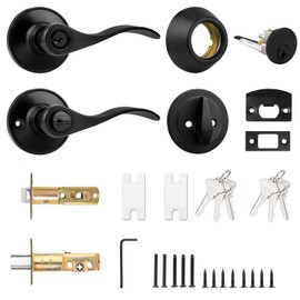 Probrico Front Door Entry Lever Lockset, Single Cylinder Deadbolt Combination Set, Flat Black Finish Keyed Alike Combo, Reversible for Right and Left Side 6Pack