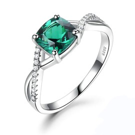 Simulated Emerald Engagement Ring for Women by Ginger Lyne | 7mm Cushion Cut Faux Emerald Gemstone 925 Sterling Silver Rhodium Plated Statement Ring for Her