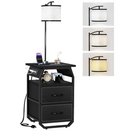runjuly Floor Lamp with Table, End Tables with Lamps Attached 3-Color Temperature Bulb, Side Table with Lamp with 2 Drawers & Charging, Lamps Tables Combo for Bedroom, Dorm, Apartment - Black