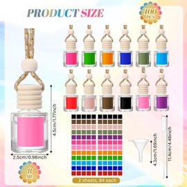 Reallnaive 100 Pcs 8ml Bulk Gift for Employee Appreciation Hanging Glass Car Diffuser Bottles with Labels 12 Color Cylinder Air Freshener Bottles with for Essential Oils Aromatherapy Fragrance
