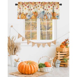 Thanksgiving Pumpkin Curtain Valances for Windows Living Room, Fall Harvest Pumpkin Curtain Toppers and Valances for Bedroom, Rustic Maple Leaf Botanical Rod Pocket Curtains Kitchen Valances 54"x18"