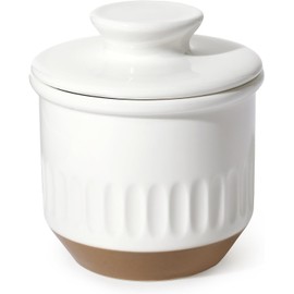 Sweese Embossed French Butter Crock with Water, Ceramic Butter Keeper with Lid for Countertop, Vintage White & Ochre Butter Dish, Dishwasher & Microwave Safe