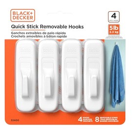 BLACK+DECKER Solid Wall Hooks, Quick Stick Adhesive, Removeable, 4 Wall Hooks, 8 Adhesive Strips, Hang Decorations Without Damaging Walls, up to 5 lbs., White