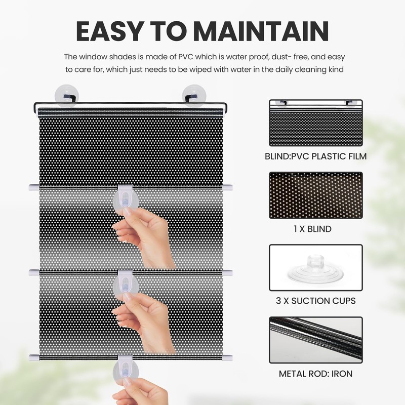 No Drilling Retractable Roller Window Shades W/3 Suction Cups, Black