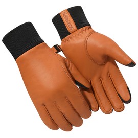 Harssidanzar Mens Winter Thermal Leather Touch Gloves,Waterproof Gloves with Thinsulate Fleece Lined for Cold weather HM002US,Tan,Size L