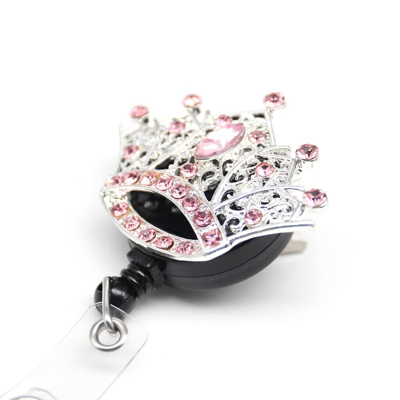 Crystal Rhinestone Crown Retractable ID Badge Name Card Holder Reel