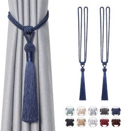 Pretty Jolly Long Tassels Curtain Tiebacks Handmade Braided Rope Knot Draped Tiebacks Elegant Decorative Curtain Holdbacks for Home and Office, Dark Blue, Pack of 2