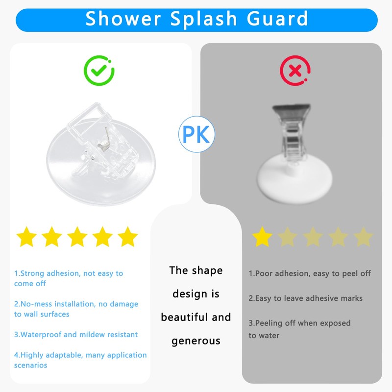 4 Pack Shower Curtain Clips, Windproof Shower Splash Guard，Self Adhesive
