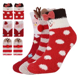 TAGVO 3 Pairs Christmas Red Thermal Fleece Fuzzy Socks,Reindeer Santa Claus Snowflake Socks,Fluffy Warm＆Cute Home Socks For Winter,Xmas Gift,Uk 3-9