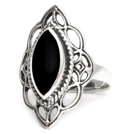 Windalf Bohemian Women's Silver Ring LÚNA 22 mm Medieval Elf Night Black Onyx Vintage 925 Sterling Silver, Fabric jewellery bag, Onyx