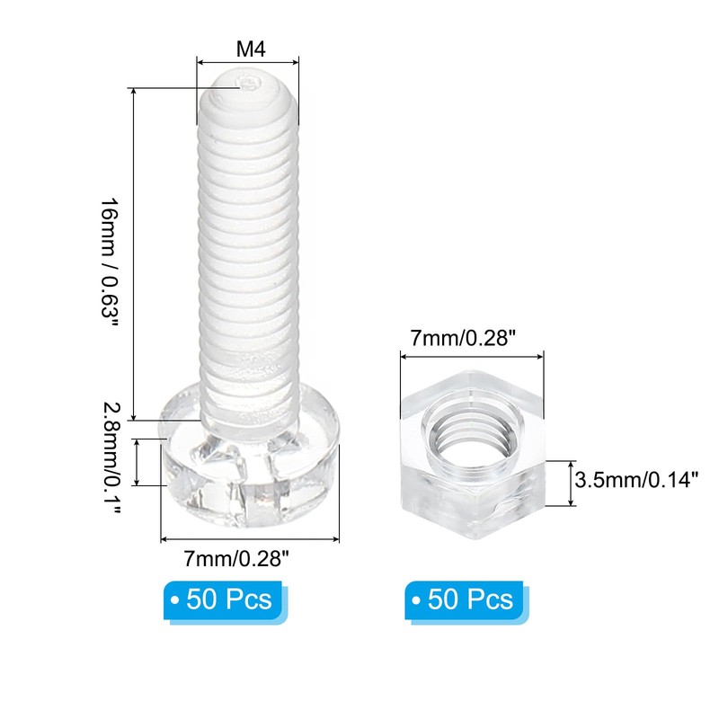 PATIKIL M4x16mm Clear Acrylic Screw and Hex Nut Kit 50