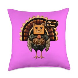 Cat Turkey Farmer Meowing Thanksgiving Humor Tee Funny Thanksgiving Humor Farm Animal Fake Cat Gobble Turkey Throw Pillow, 18x18, Multicolor