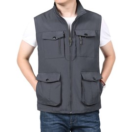 LOUECHY Men's Travel Vest Multi Pockets Utility Vest Lightweight Sleeveless Jacket for Hiking Fishing Golf 3896-0/Grey-S