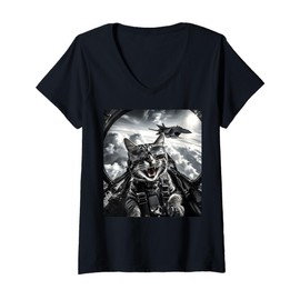 Womens Cat Selfie Jet Plane Funny Cat Gifts for Men Women Children V-Neck T-Shirt