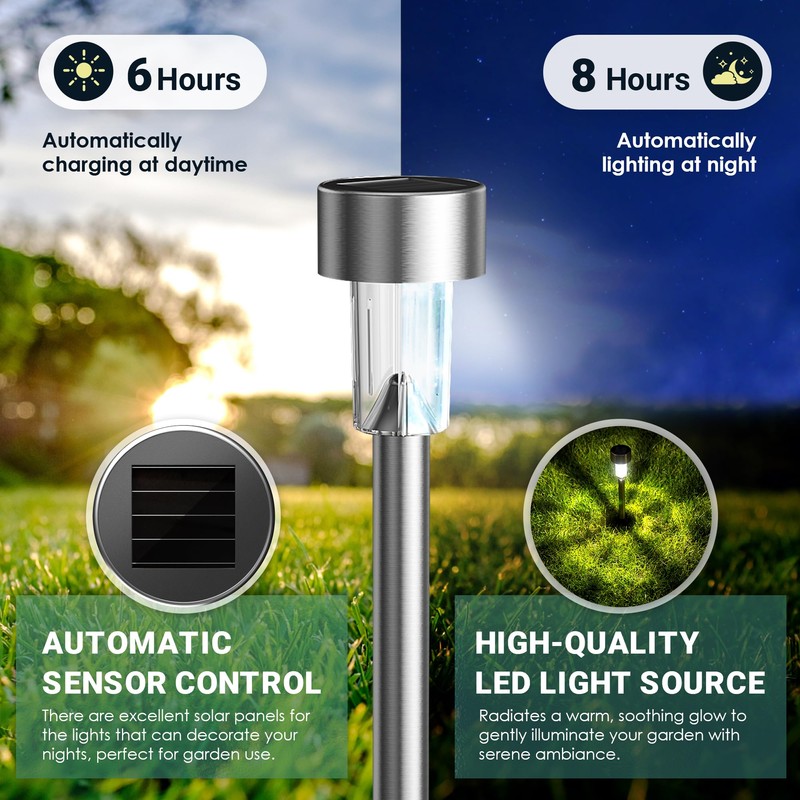 GIGALUMI Solar Lights Outdoor Waterproof, 12 Pack, Stainless Steel LED