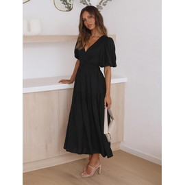 MessBebe Summer Maxi Dress Short Puffy Sleeve V Neck High Waist A-Line Flowy Wrap Sun Swing Wedding Guest Long Dresses for Women