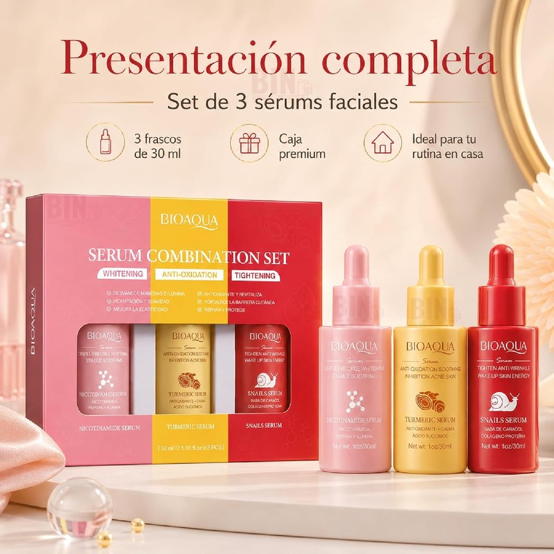 Kit de Sérums Faciales Antiedad e Hidratante, Set de 3