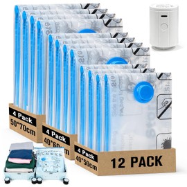 BoxLegend Vacuum Bags for Clothes Travel with Vacuum Pump, Vacuum Bags Pack of 12 (4 x 40 x 50 cm, 4 x 40 x 60 cm, 4 x 50 x 70 cm), Vacuum Travel Bag Organiser Set for Suitcase Travel