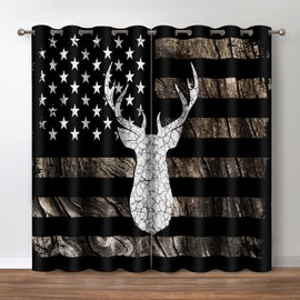 Jekeno Rustic Deer Blackout Curtains, Farmhouse Moose US Flag Country Decor, Vintage Cabin Primitive Rural Theme Grommet Window Drapes for Bedroom Living Room, 42 Wide 54 Long Inches 2 Panel Set