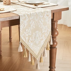 TOPLUXE Table Runner with Tassels, Floral Tablecloth for Dining Table, Holiday, Party, Living Room Decoration (33 x 180 cm, Beige & White)