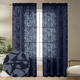 OVZME Anji Textured Navy Blue Sheer Curtains 84 inch Length 2 Panels Set for Living Room, Semi Voile Privacy & Light Filtering Elegant Jacquard Sheer Curtain for Bedroom, Dual Rod Pocket, 38Wx84L