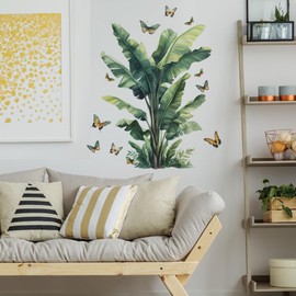 iMagitek Tropical Leaf Wall Decals Palm Leaves with Butterflies Peel and Stick Wall Stickers for Living Room Bedroom Dining Room Home Wall Decor