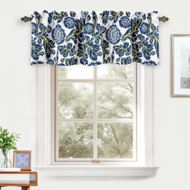 DriftAway - Cenefa de cortina con forro de hojas de flores con aislamiento térmico, ahorro de energía, para sala de estar, dormitorio, cocina, 2 capas, bolsillo para barra de 152 cm x 35,5 cm más cabecera de 5 cm, color azul marino