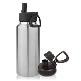 Volhoply 1 Litre Stainless Steel Drinking Bottle with Straw, Double-Walled Vacuum Insulated Thermos Flask with 2 Lids, Metal Leak-Proof Water Bottle Thermos Flask for Sports, School, Outdoor (Silver,