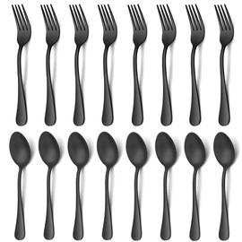 LIANYU 16-Piece Matte Black Forks and Spoons Silverware Set, 8 Dinner Forks and 8 Teaspoons, Stainless Steel Black Flatware Cutlery Set for Home Kitchen Hotel, Satin Finished, Dishwasher Safe