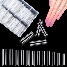 Pack of 240 False Nails Tips, 12 Sizes Nail Extension Transparent Nail Tips, Extra Long Half Cover Straight Square, Clear Acrylic False Nails for DIY Nail Art