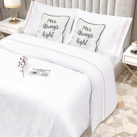 Bedlovesoft Queen Size 4 Piece Sheet Set Embroidery -Hotel Luxury Bed linen for Women & Men - Deep Pockets, Easy-Fit, Soft & Wrinkle Free Sheets – White and beige stripe