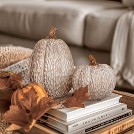 Thanksgiving Resin Pumpkins Fall Decor, Brown and White Decorative Pumpkins Figurine, Artificial Carved Faux Pumpkin Statues for Rustic Fall Tabletop Home Decor, Farmhouse, Autumn, Harvest, Wedding