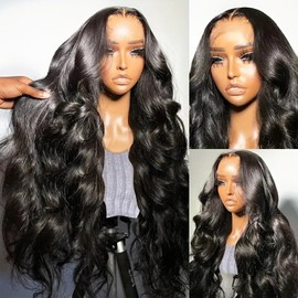 Lace Front Wigs Artificial Hair Pre-Plucked Body Wave Lace Front Synthetic Hair Wig for Black Women Girls Transparent Lace Frontal Wigs with Natural Hairline (24 inch, Black)