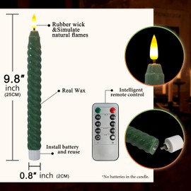 FCMSHAMD Dark Green Spiral Flameless Taper Candles, 9.8 Inch Flickering Candles with Remote and Timer, Real Wax Candlesticks LED Battery Operated 3D Wick for Wedding Party Home Decor, 6PCS