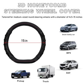 Yourkar Car Steering Wheel Cover, 15 Inch Leather D-Shaped Comfy Grip Steering Wheel Protector, Anti-Slip Steering Wheel Cover with 3D Honeycomb for Most Vehicles, Car Accessories (Black)