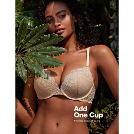 Deyllo Women's Push Up Lace Bra Comfort Padded Underwire Bra Lift Up Add One Cup Beige,32DDD