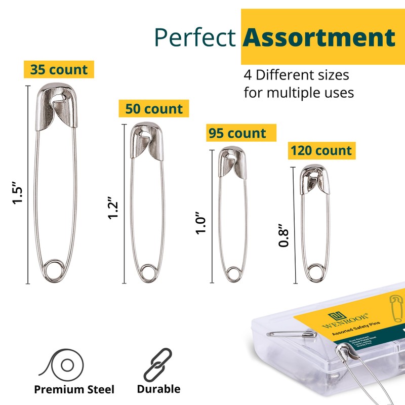 Wenrook 300 Pack Safety Pins Assorted, 4 Different Sizes, Strong